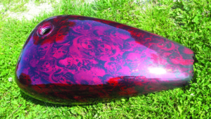 red hydro graphics on motorcycle tank